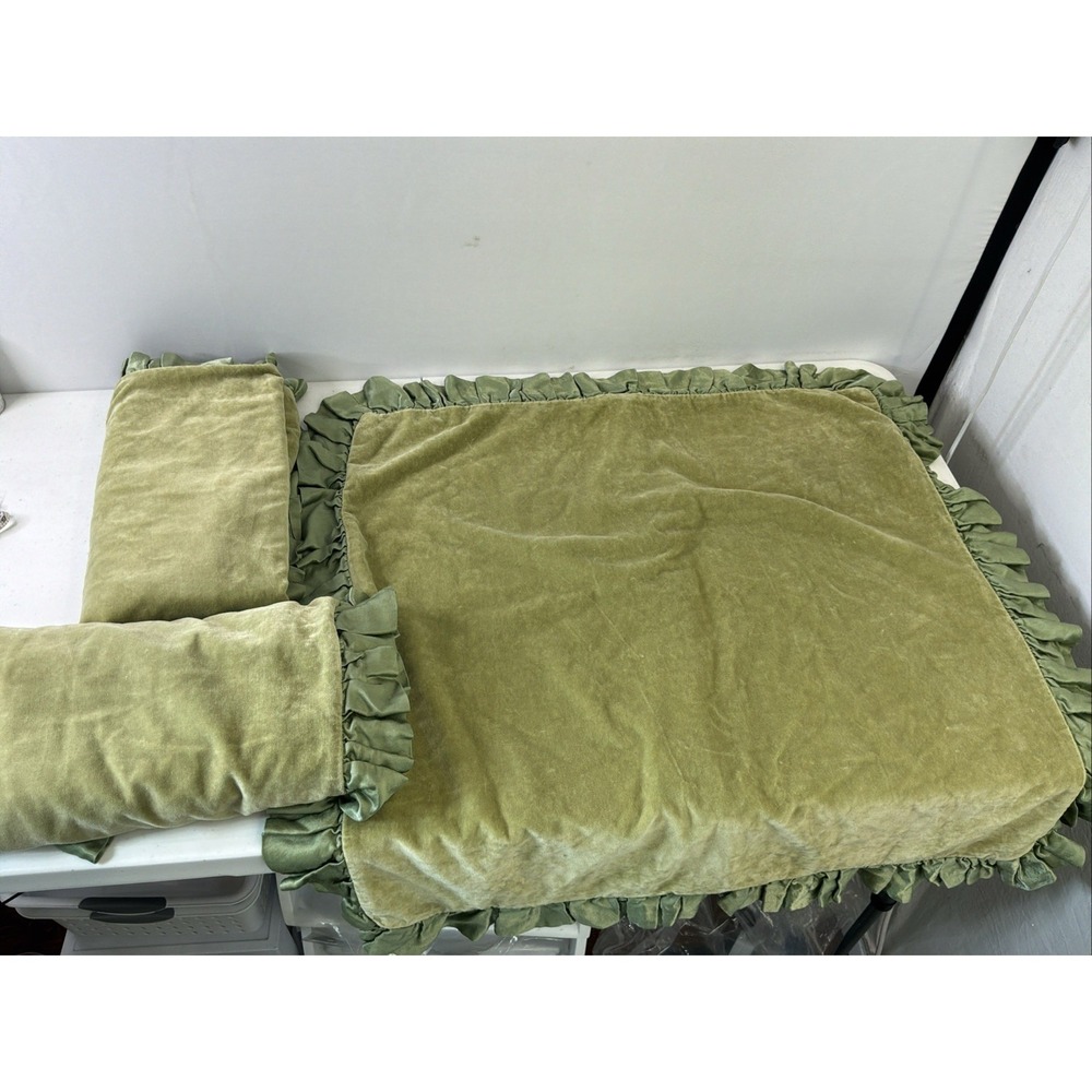 Lot of 3 Bella Notte Green Velvet Pillow Shams Euro Size Ruffled 26x26